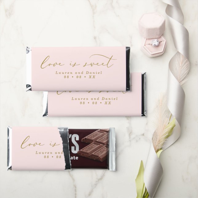 Simple Love is Sweet Blush & Gold Script Wedding H Hershey Bar Favors (Front)