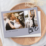 Simple Love Script 2 Photos Wedding Thank You Card<br><div class="desc">Thank your wedding guests with our modern and minimal two-photo wedding dusty purple thank you card. The design features a two-photo layout on the front with "Love" displayed in a modern script. The reverse side features leaves image with red heart in the middle and personalized with your own thank you...</div>