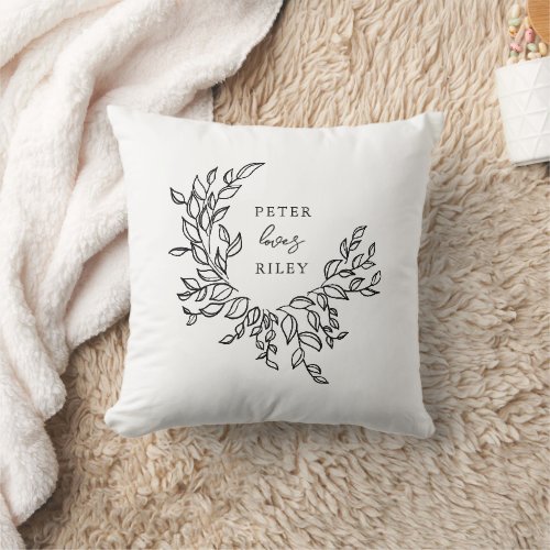 Simple Love Script Botanical Wreath Bride Throw Pillow