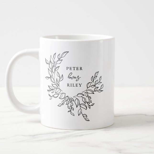 Simple Love Script Botanical Wreath Couples Photo Giant Coffee Mug (Left)
