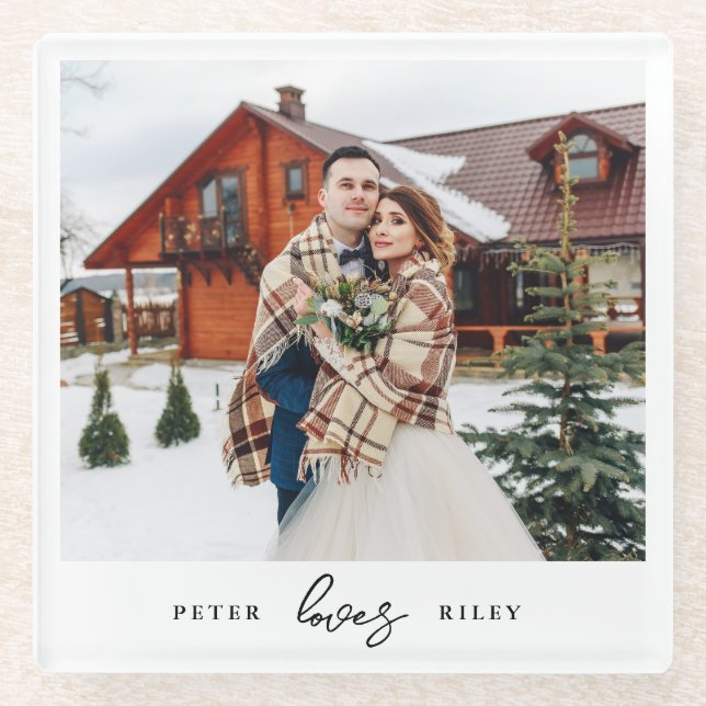 Simple Love Script Personalized Couple Photo  Glass Coaster (Front)