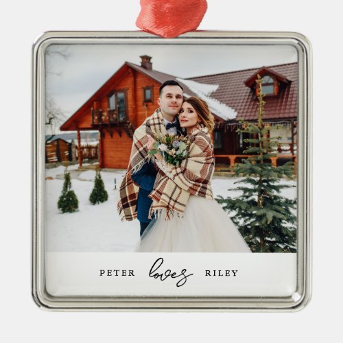 Simple Love Script Personalized Couple Photo  Metal Ornament