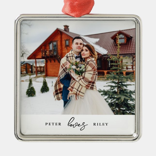 Simple Love Script Personalized Couple Photo  Metal Ornament (Front)