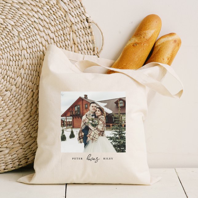 Simple Love Script Personalized Couple Photo  Tote Bag (Creator Uploaded)