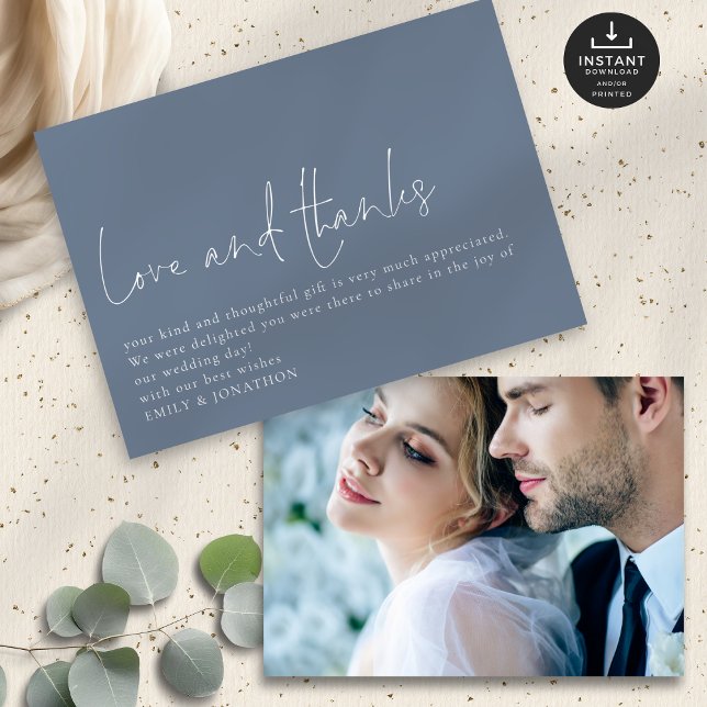 Simple Love Thanks Photo Blue Wedding Thank You Card (Front and back view)