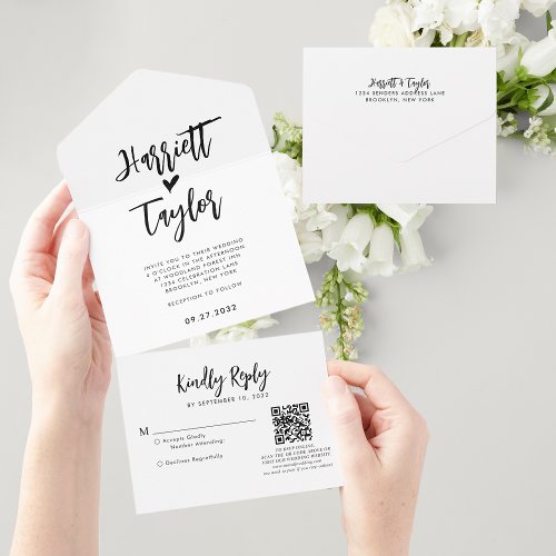 Simple Lovely Heart Script Wedding QR Code Rsvp All In One Invitation