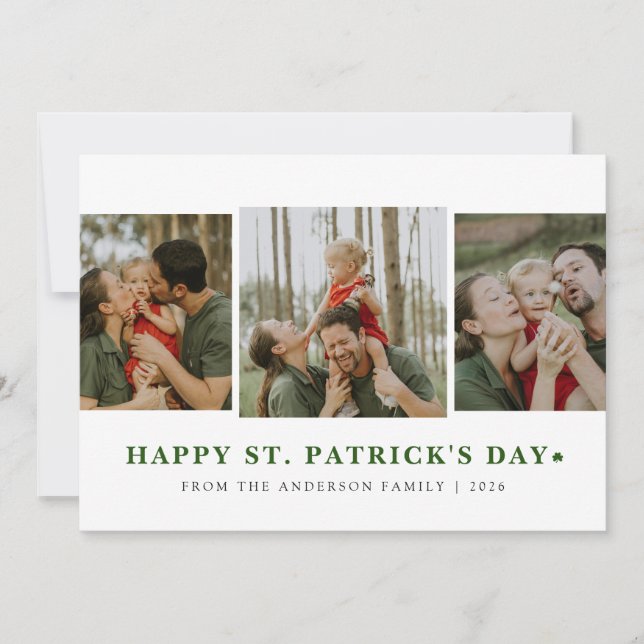 Simple lucky shamrock st. Patrick's Day 3 Photo Holiday Card (Front)