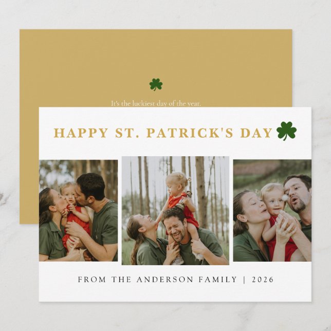 Simple lucky shamrock st. Patrick's Day 3 Photo Holiday Card (Front/Back)