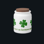Simple lucky shamrocks candy jar<br><div class="desc">Cute jar with pretty shamrocks around it and space for some text. The wording can easily be removed if desired.</div>