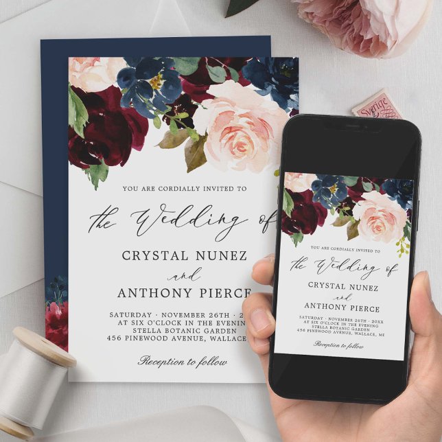 Simple Luxurious Burgundy Navy Floral Wedding Invitation (Creator Uploaded)
