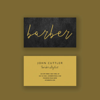 Simple Luxury Black Leather Barber Gold Typography Business Card by uniqueoffice at Zazzle