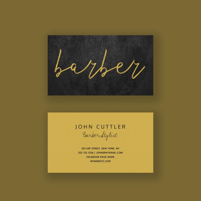 Simple luxury black leather barber gold typography business card