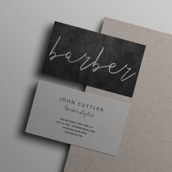 Simple Luxury Black Leather Barber Silver Script Business Card by uniqueoffice at Zazzle