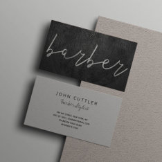 Simple Luxury Black Leather Barber Silver Script Business Card at Zazzle