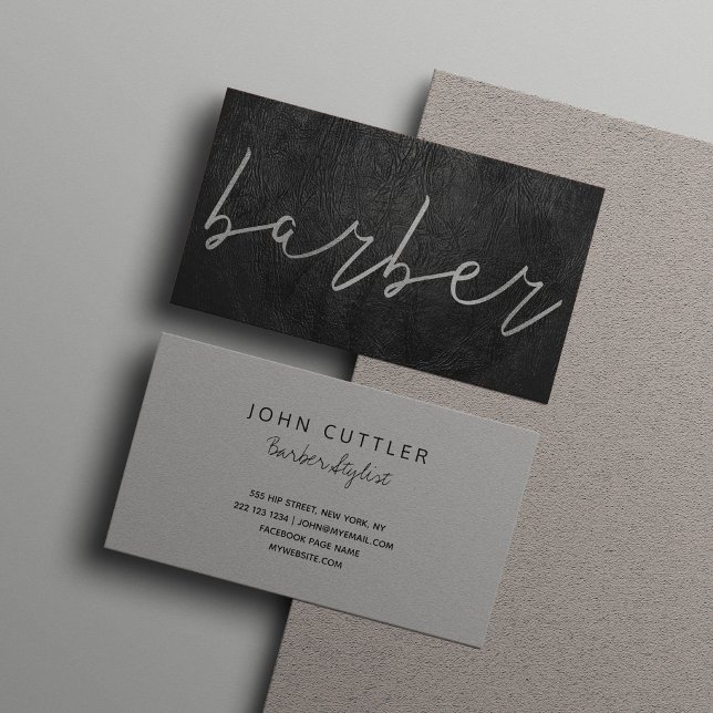 Simple luxury black leather barber silver script business card (Creator Uploaded)