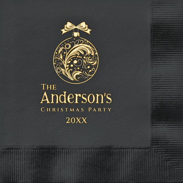 Simple Luxury Monogram Black Gold Foil Christmas Napkins (Elegant Black and Gold Foil Personalized Family Christmas Party Napkins - Filigree Ornament Design)