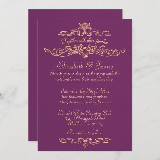 Simple Luxury Purple And Gold Wedding Invitations | Zazzle