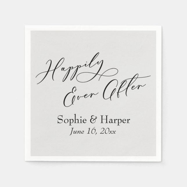 Simple Luxury Script Font Happily Ever After Gray Napkins (Front)