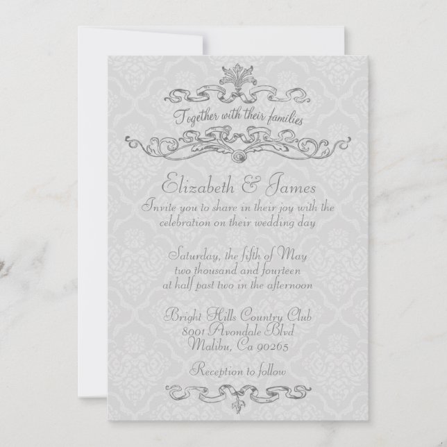 Simple Luxury White Damask Wedding Invitations (Front)