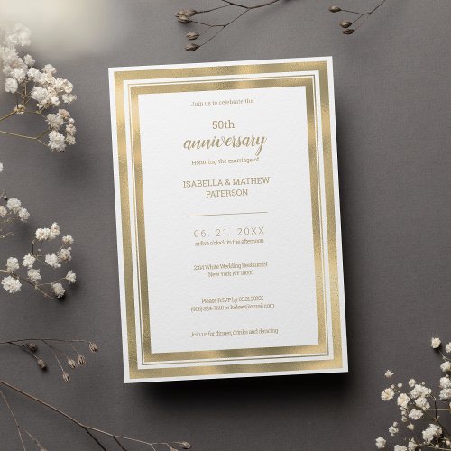 Simple luxury white gold 50th Wedding Anniversary Invitation