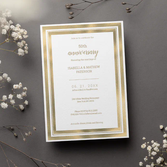 Simple luxury white gold 50th Wedding Anniversary Invitation | Zazzle