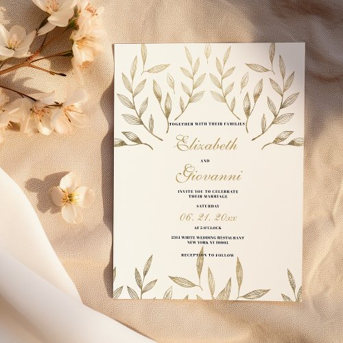 Simple luxury white gold foliage floral wedding  invitation