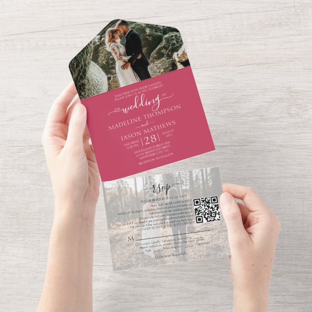 Simple Magenta 2 Photo QR Code RSVP Wedding All In One Invitation (Tearaway)