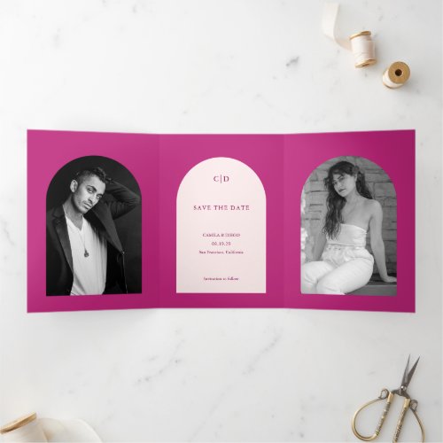 Simple Magenta Arch Modern Wedding Save the Date Tri_Fold Announcement