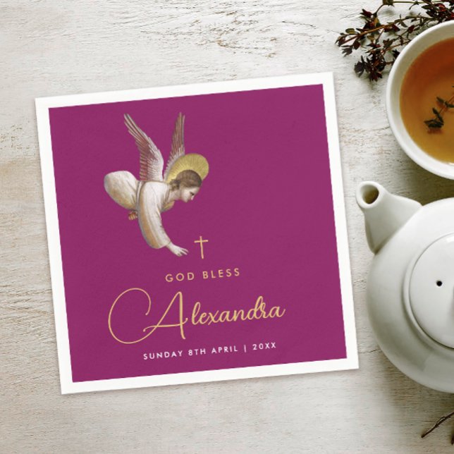 Simple Magenta Gold Angel Bless Religious Script Napkins (Creator Uploaded)
