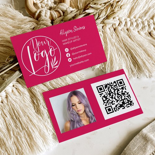 Simple magenta hair makeup photo logo qr code business card