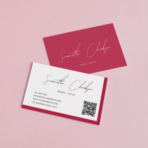 Simple Magenta Hot Pink Handwritten Script QR code Business Card