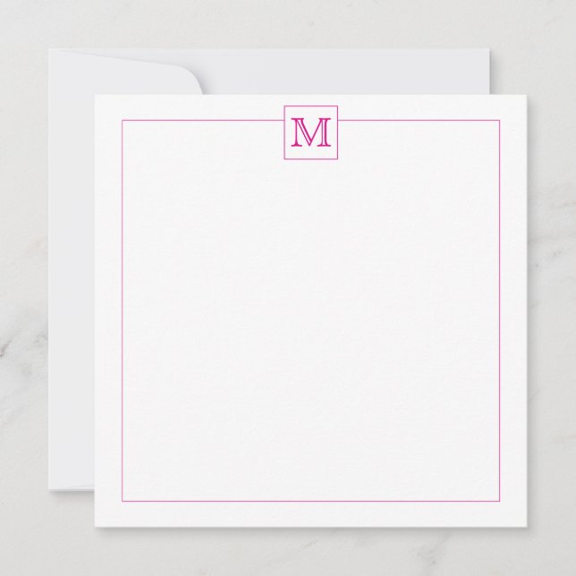 Simple Magenta Initial Monogram Square border Note Card (Front)