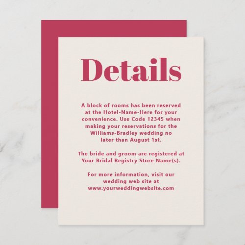 Simple Magenta Modern Minimalist Wedding Details Enclosure Card