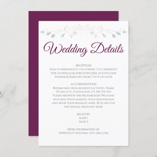 Simple Magenta on White Elegant Wedding Details Enclosure Card