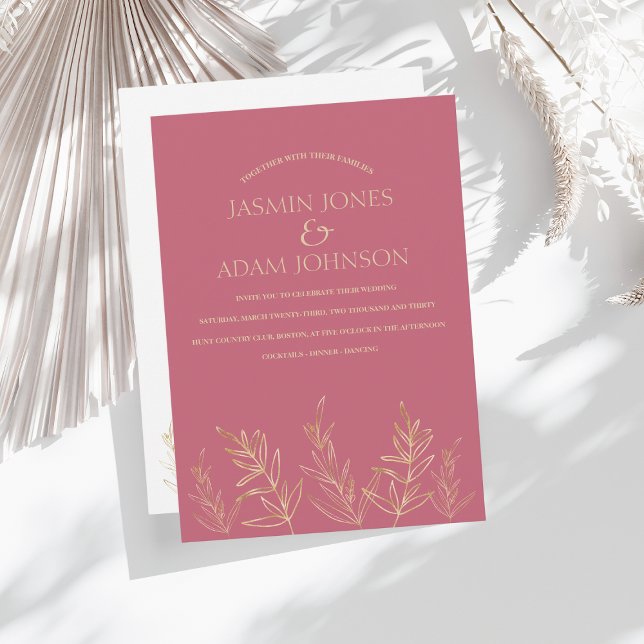 Simple Magenta Pink Gold Leaf Wedding Invitation (Creator Uploaded)