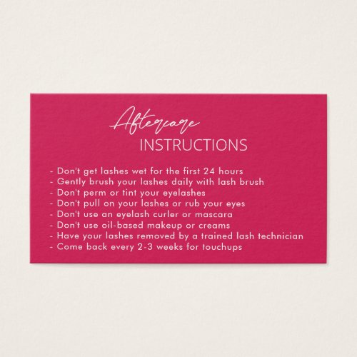 Simple Magenta Pink Modern Lashes Aftercare Card