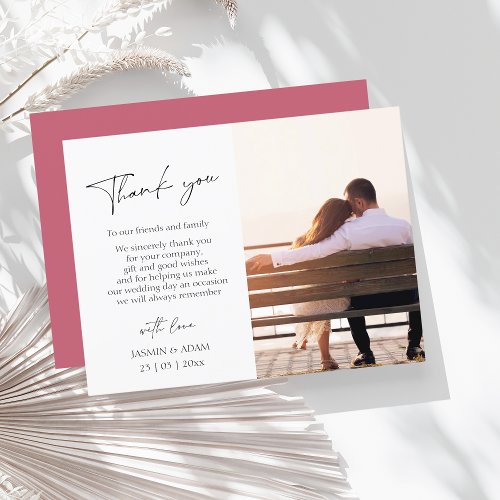 Simple Magenta Pink Script Photo Wedding Thank You Postcard