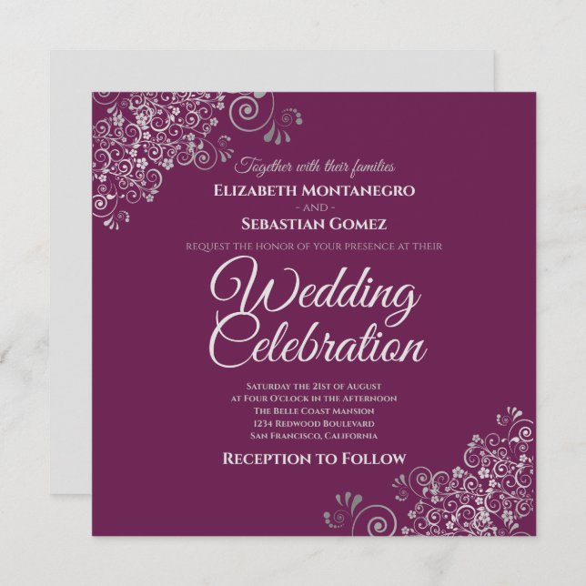 Simple Magenta Plum & Silver Square Wedding Invitation (Front/Back)