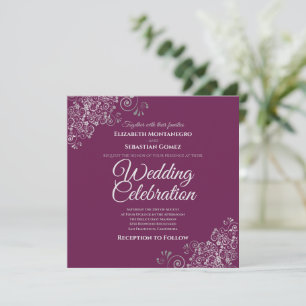 Simple Magenta Plum & Silver Square Wedding Invitation