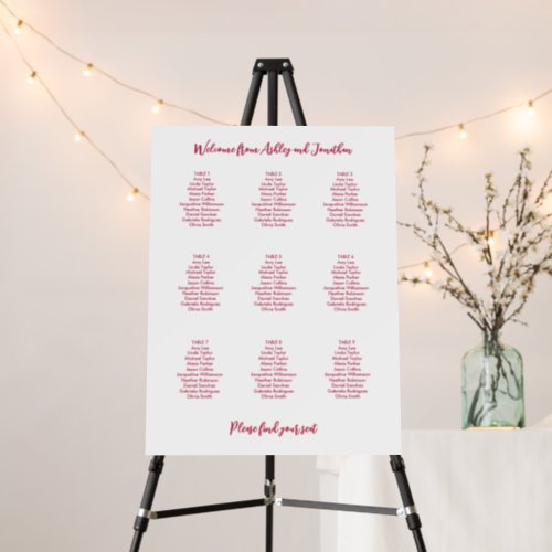 Simple Magenta Red 9 Table Seating Chart Foam Board