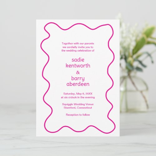 Simple Magenta Squiggle Frame Modern Wedding Invitation