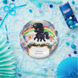 Simple Magical Black Unicorn Birthday Paper Plates