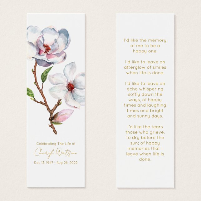 Simple Magnolia Funeral Memorial Bookmark (Front & Back)