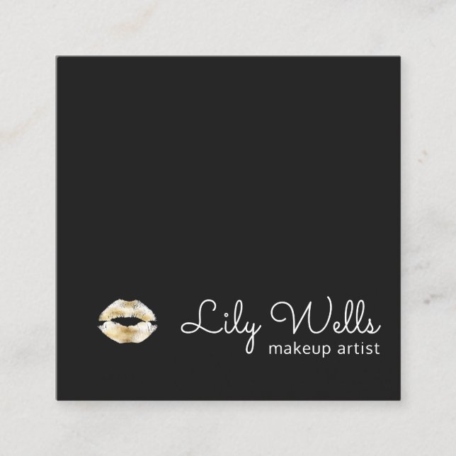 Simple Makeup Artist Gold Lips Black Square Business Card (Front)