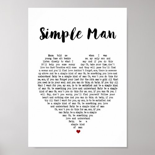 Simple Man Heart Song Lyric Wall Art Print