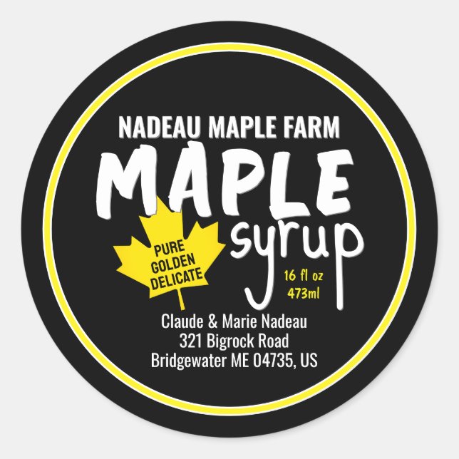 Simple Maple Syrup Jar or Jug Label Yellow Leaf  (Front)