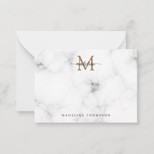 Simple Marble Gold Girly Script Monogram Note Card