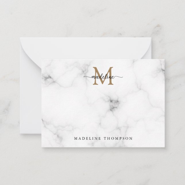 Simple Marble Gold Girly Script Monogram Note Card (Front)