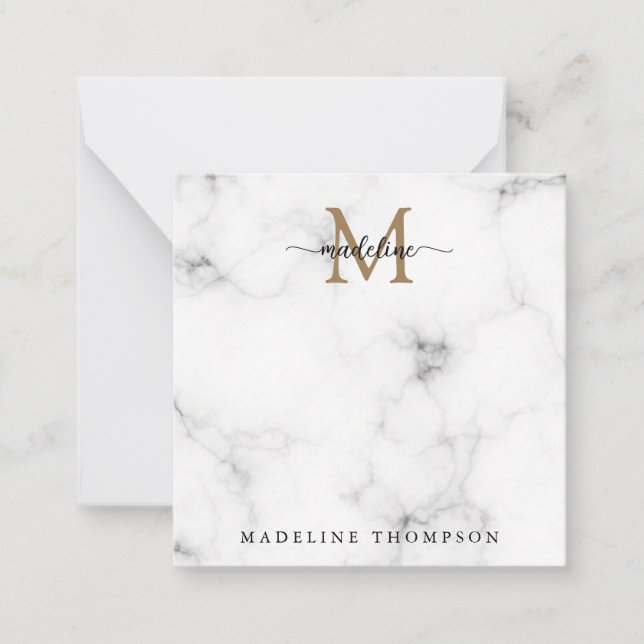 Simple Marble Gold Girly Script Monogram Square Note Card (Front)
