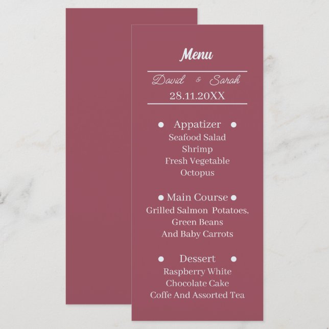 Simple Maroon Custom Wedding Dinner Menu (Front/Back)